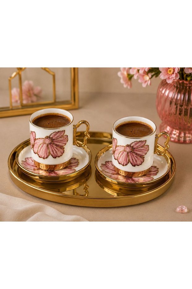 6 Kişilik Pembe Çiçekli Desenli Gold Detaylı 12 Parça Porselen Kahve Fincanı Takımı - GalaturQa