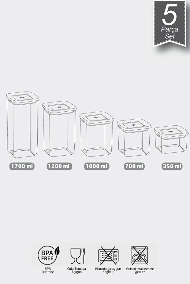 Kare Şeffaf Saklama Kabı 5'li Set - GalaturQa