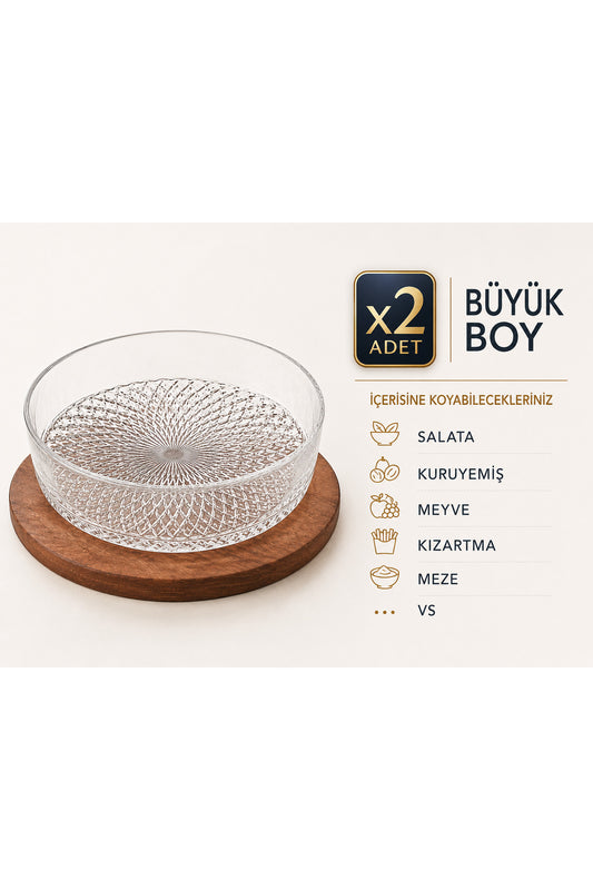 En Büyük Boy 2'li Cam Kase Seti (Şeffaf Servis / Salata / Meyve / Kuruyemiş / Meze) - GalaturQa