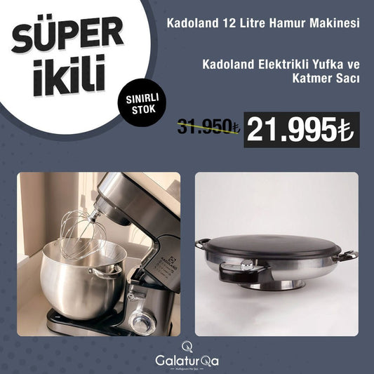 Kadoland Süper İkili - 12 Litre Hamur Makinesi + Kadoland Elektrikli Yufka ve Katmer Sacı - GalaturQa