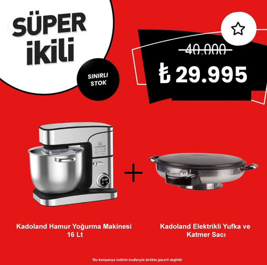 Kadoland Süper İkili - 16 Litre Hamur Makinesi + Kadoland Elektrikli Yufka ve Katmer Sacı - GalaturQa